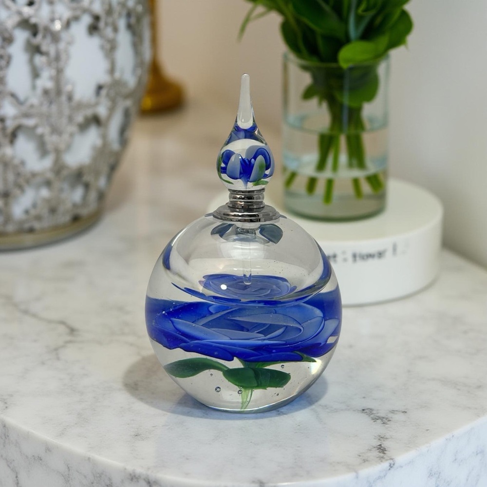 Vintage Blue Rose Art Glass Perfume Bottle, Hand Blown, Vanity Decor